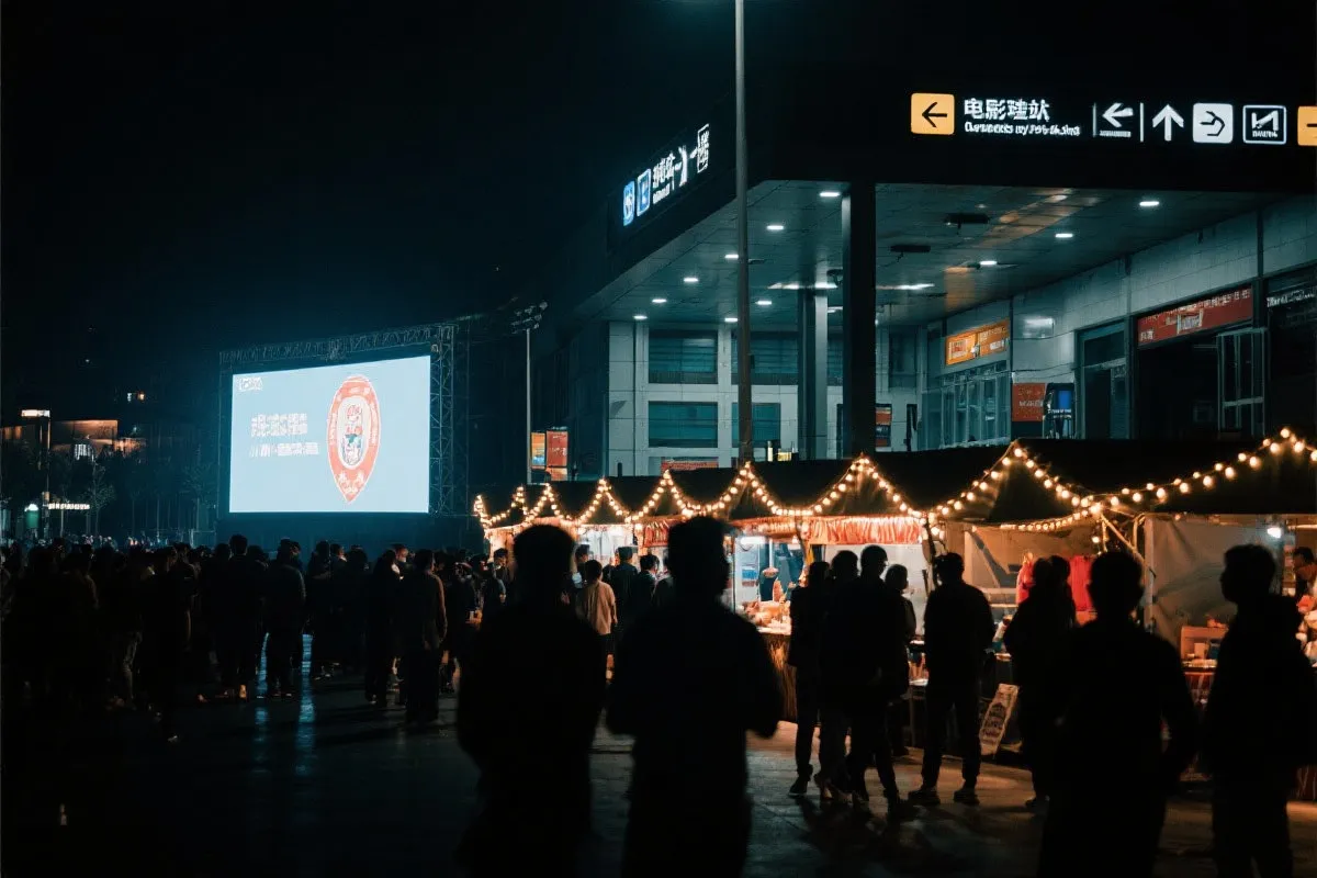 费城球迷广场夜景：大屏观赛人群、步行指示牌与公共交通入口